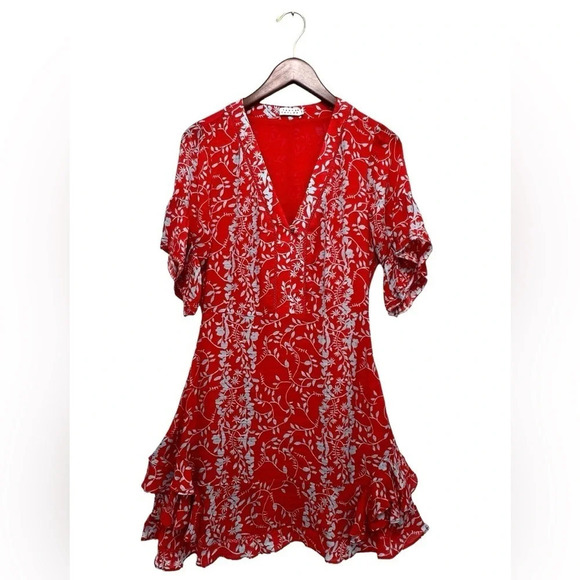 TANYA TAYLOR Red Printed Silk Mini Ruffle Dress Short Sleeve Coastal Chic Size 2 - Picture 2 of 7
